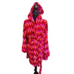 Vera Bradley Boho Hooded Robe L/XL Red & Pink Geometric Chevron Plush Cozy Soft
